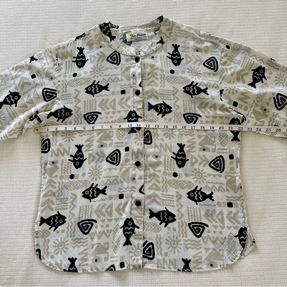 Vintage Two Potato Laguna Beach Men’s Shirt Band Collar Fish Ethnic Print Size L - Picture 9 of 11